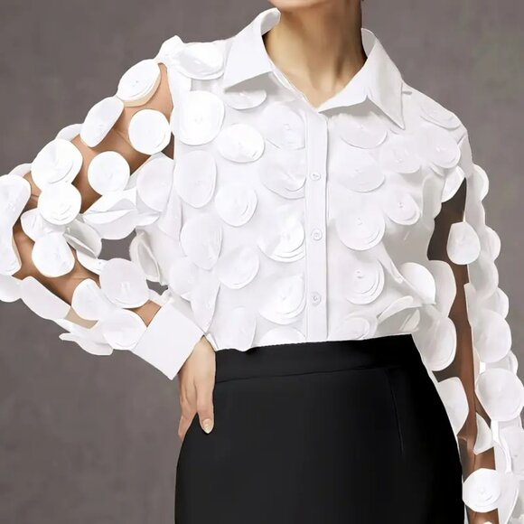 NEW! ELEGANT CHIFFON Raised PETALS SHEER BLOUSE SZ XL - Picture 5 of 5